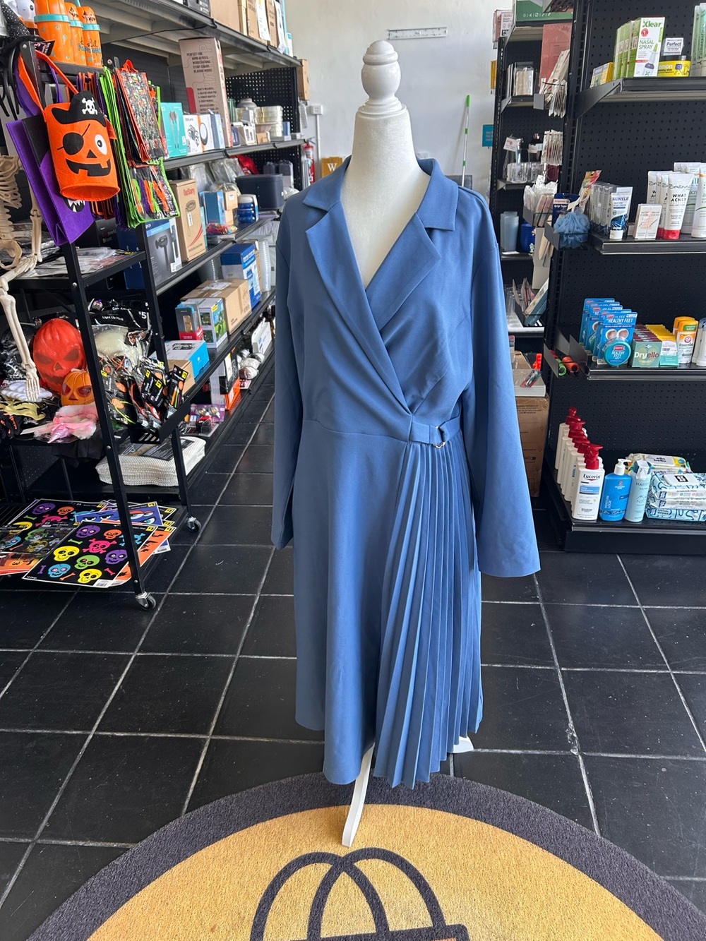 Wrap-Front Pleated Midi Dress in Slate Blue